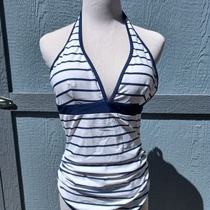 Blue white striped backless one piece swimsuit